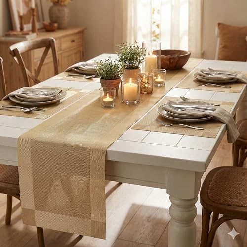 Image of YELONA Dining Table Placemats and Runner Set - Heat Resistant, Washable, Stain Resistant Mats - Woven Vinyl Plastic - Easy to Clean-(45x30 cm 4 Placemats, 180x30 cm 1 Runner)-Ideal for Stylish Dining