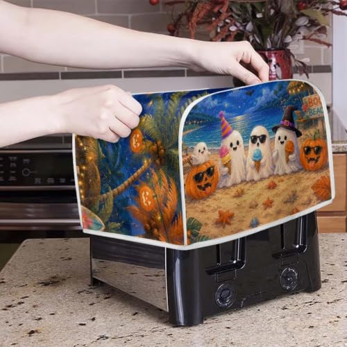 Image of Talayituse Beach Ghost Pumpkin Print Toaster Cover 2 Slice Wide Slot, Lightweight Bread Maker Cover Dust Protection Washable Appliance Bag Halloween Decor, S