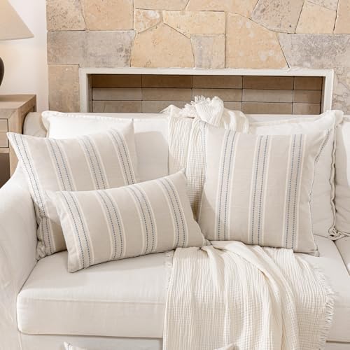 Image of Hckot Throw Pillow Covers 24x24 Set of 2 Blue Pillow Covers Farmhouse Decorative Pillows Textured Linen Square Cushion Covers for Sofa Couch Bed Living Room Decor(Dusty Blue)