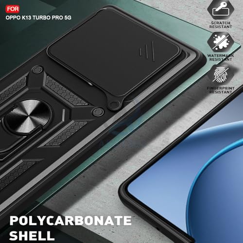 Image of AESTMO Tough Armor Compatible with Oppo K13 Turbo 5G / Oppo K13 Turbo Pro 5G Bumper Back Case Cover | Ring Holder & Sliding Camera Shield Cover | 360 Degree Protection Back Case Cover (Black)