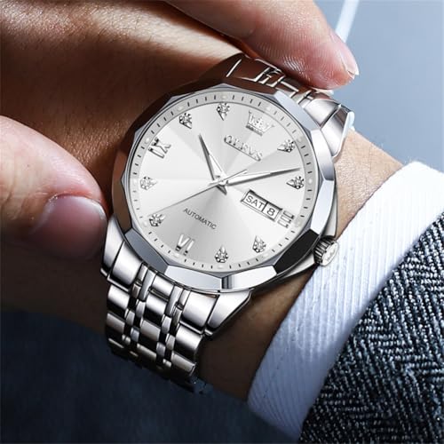 Image of OLEVS Watch for Men Automatic Classic Mechanical Watch Diamond Mirror Stainless Steel Dress Casual Waterproof Day /Date Calendar