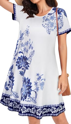 Image of Womens Summer Dresses Beach Casual Loose Tshirt Floral Short Sleeve Flowy Pockets Sundresses 2026