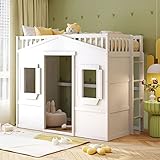 Harper & Bright Designs House Loft Bed Twin Kids Playhouse Bed, Solid Wood Loft Bed Frame with Window and Ladder, for Girls Boys (Twin Size, White)