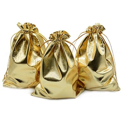 BEAVOING Pack of 100 3.54"x4.72" Heavy Duty Gold Drawstring Organza Jewelry Pouches Wedding Party Christmas Favor Gift Candy Chocolate Bags (Gold, 3.54"x4.72") Cover