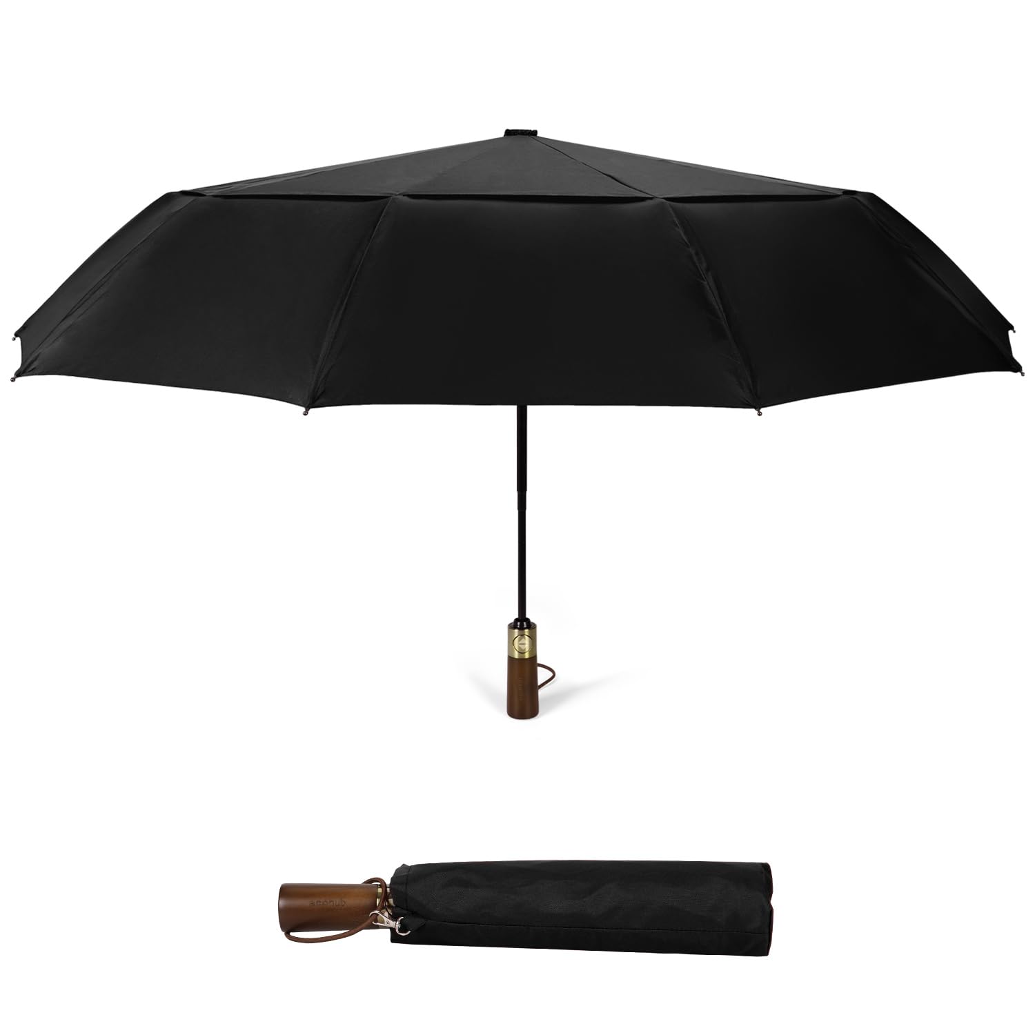 ECOHUBTravel Umbrella Windproof Strong With Compact Foldable, Automatic Open/Close, 10 Sturdy Ribs, Recycled PET Fabric, Wooden Handle & Ventilated Waterproof Canopy - Anti-Lost Sleeve, Black
