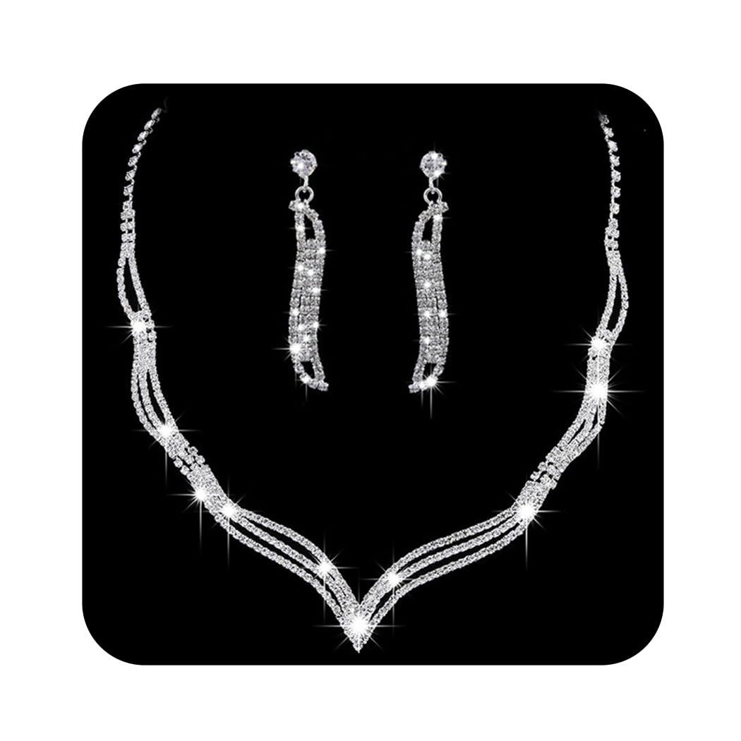 Ushiny Conjunto de joyería nupcial de boda Conjunto de pendientes de collar de cristal plateado Conjunto de pendientes colgantes para mujeres y niñas