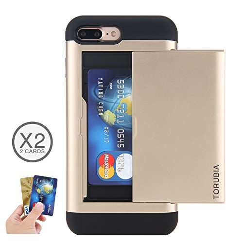 iPhone 7 Plus Card Holder Case, Holds Up to 2 Cards, TORUBIA Wallet Case Slim Fit Armor Air Cushion Technology Dual Layer Heavy Duty Shockproof Protective Cover for iPhone 7 Plus 5.5 inch - Gold