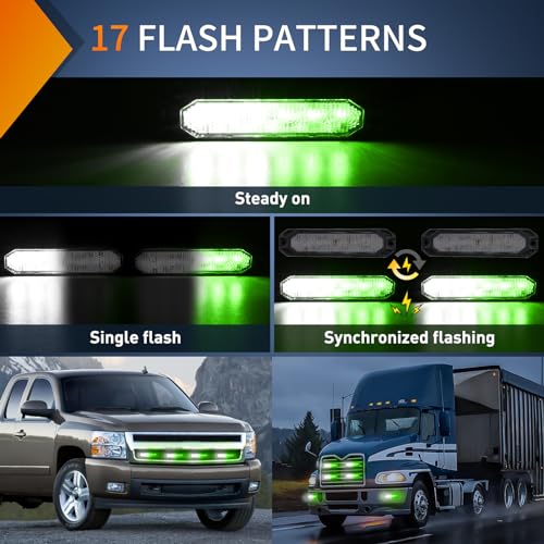 Image of Nilight 6LED Green White Emergency Strobe Lights Sync Feature Surface Mount | 12V 24V Grille Flashing Warning Hazard Light Ultra Slim for Cars Trucks Van Off Road Vehicles SUV 4PCS
