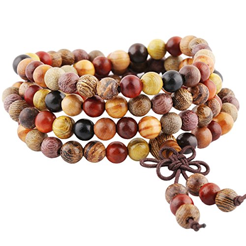 Shanxing 6mm Natural Mixed Sandalwood 108 Prayer Beads Mala Wrap Bracelet for Men Women, Buddha Meditation Wood Worry Beads Bracelet Tibetan Buddhist Buddhism Jewellery Gift Reiki Wooden Bead Necklace
