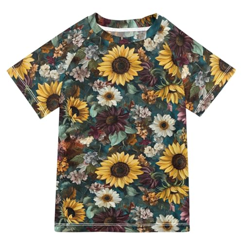 ALAZA Kids Rash Guard Toddler Swim Shirt Boy Girls Sunflowers Oil Painting UPF 50+ Short Sleeve 4T