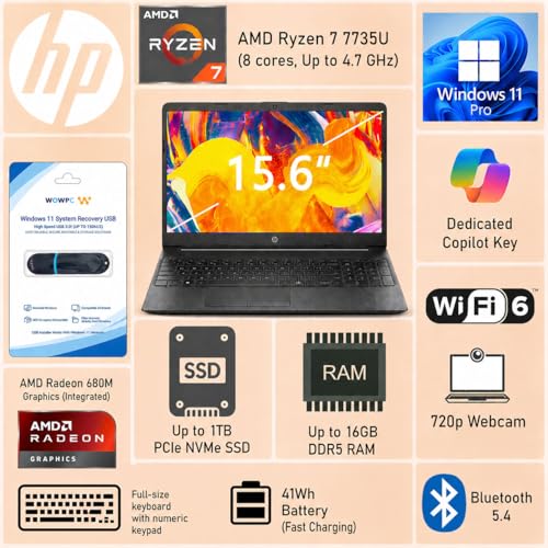 Image of HP 255 G10 Business Laptop • AMD Ryzen 7 7735U • 15.6 inch FHD IPS Display • Dedicated Copilot Key • 16GB DDR5 RAM • 512GB SSD • HDMI • Wi-Fi 6 • BT 5.4 • Fast Charging • Windows 11 Pro • WOWPC USB