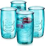 Glaver's Highball Ensemble de lunettes 4 – 20oz Artistique glacé Joli bleu – Verrerie vintage avec logo embossé – Verres à boisson pour l'eau, jus, cocktails.
