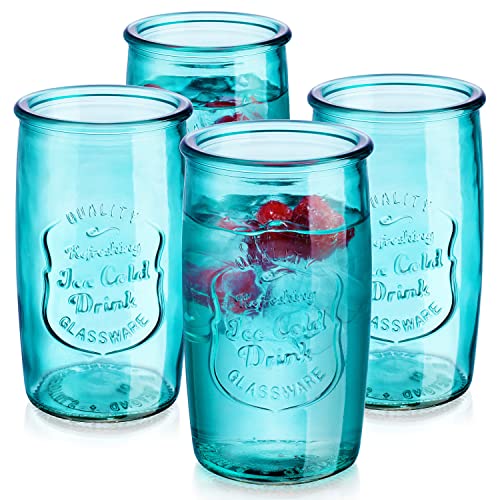 El Mejor Listado de Highball vaso los 10 mejores. 47 Glaver's Highball - Juego de vasos artísticos de 4 - 20 onzas (20 oz), color azul bonito, cristalería clásico con logotipo en relieve, vasos de bebida para agua, jugo, cócteles...