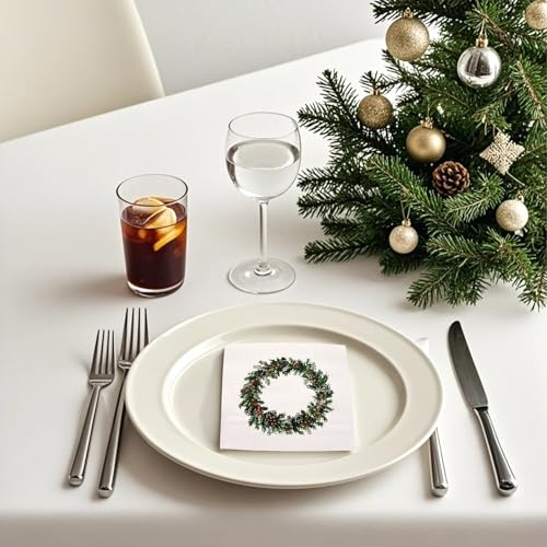 WRAPAHOLIC 50Pcs Berry Wreath Christmas Paper Napkins - 3-Ply Disposable Cocktail Napkin for Christmas Party Supplies Tableware, Xmas Holiday Party Decorative Towels - 5 x 5 In – Image 8