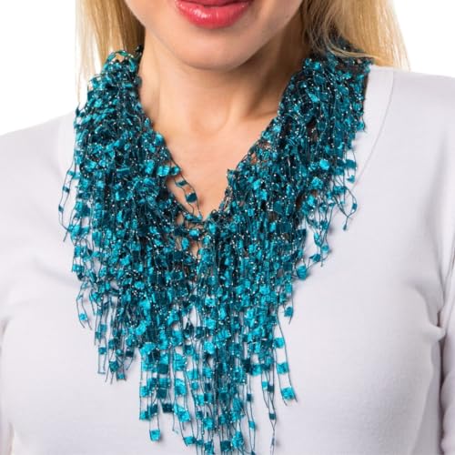 Turquoise Scarf for Women - Chunky Turquoise Necklace - Teal Scarf for Women - Teal BIB Statement Necklace - Lightweight Infinity Jewelry with Fringe - Sparkly Lace Jewelry