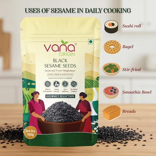 Image of Vana Origin Black Sesame Seeds from 200gm| Cold-Pressed Grade| Black Til Seed from Meghalaya | Kaale Til Whole Fresh and Natural Unhulled Kale /Black Til Seed