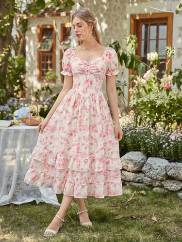 Image of Scarlet Darkness Women Floral Maxi Dress Puff Sleeve Tea Party Corset Dress | Pockets, Ruched Bust, Ruffled Hem, for Cottagecore Fairy Milkmaid Vacation