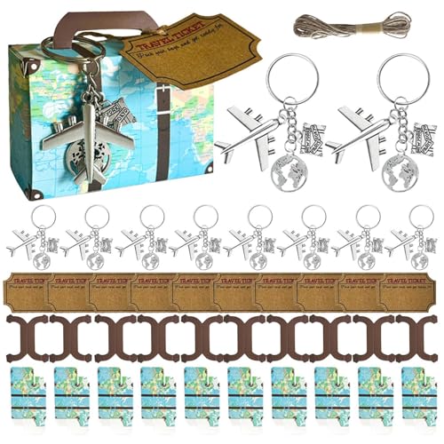 Zuasdvnk スーツケース パーティー記念品 パーティー記念品 世界地図スーツケース 旅行チケット付き 地球飛行機キーホルダー 10セット 旅行をテーマにしたボックス 花嫁シャワーデコレーション用