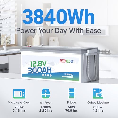 Image of Redodo LiFePO4 Battery 12V 300Ah, Max. 2560W Power Output, Built in 200A BMS, 4000-15000 Deep Cycles & 10-Year Lifetime, Perfect for RV, Marine, Trolling Motor, Solar Off-Grid System