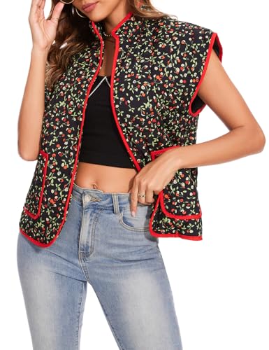 Women's Cropped Puffer Quilted Vest Cardigan Floral Printed Jacket Lightweight Open Front Short Padded Coats3