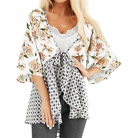 ChainJoy Boho Kimonos Women Lightweight Summer Cardigans Plus Size Floral Sheer Chiffon Beach Tie Front Tops Half Sleeve Fringe Dressy Maternity White M Cover