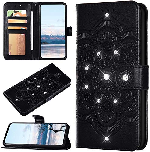 Robinsoni Case Compatible with Huawei Honor Play 3 Shiny Case Sparkle Glitter PU Leather Wallet Cover Lavish Bling Diamond Embossed Mandala Printed Book Case Folio Flip Glossy Magnetic Case Black