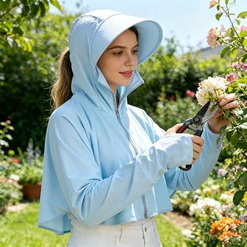 Image of Womens Sunscreen Hoodie Jacket /Shirt UPF 50+ UV Protection from Sun & Pollution with Wide Brim Hat Face Mask Lightweight Full Zip for Outdoor Running Hiking