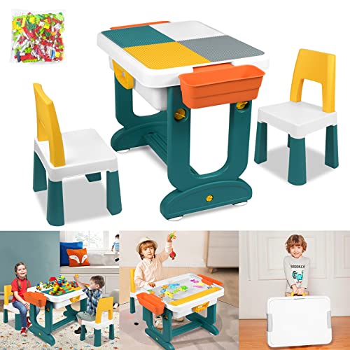 UISEBRT Kindertisch mit 2 Stühle Spieltisch mit 300 Stück Bausteine Multifunktionaler Aktivitätstisch Set für Kinder Baustein Tisch Stuhl Set Basteltisch für Kinderzimmer und Kindergarten