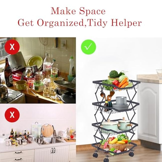 4 Tier Fruit Basket for Kitchen Stackable Metal Wire Fruit Vegetable Basket with Wheels Narrow Corner Rolling Utility Cart for Kitchen, Pantry, Bathrooms, Garage-9AXVwi62