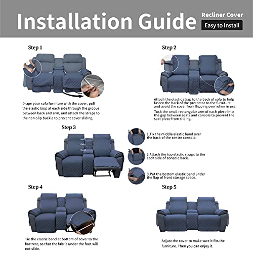 Image of Easy-Going Loveseat Recliner Cover with Console, Reversible Couch Cover for Living Room, Split Sofa Cover for Each Seat with Elastic Straps for Kids, Dogs, Pets(2 Seater, Dark Blue /Light Blue)