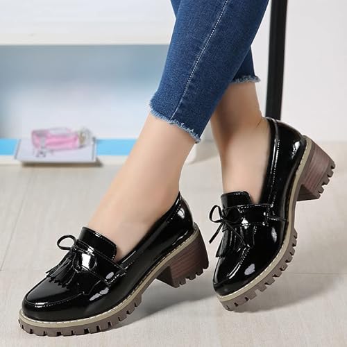 Kkdom Women's Classic Tassel Platform Chunky Heel Penny Loafers Slip On Round Toe Patent Leather Oxfords Dress Shoes Black #TOP6