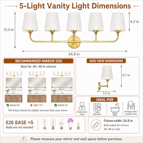 Image of Bathroom Vanity Light, Brushed Gold Bathroom Lighting Fixtures Over Mirror