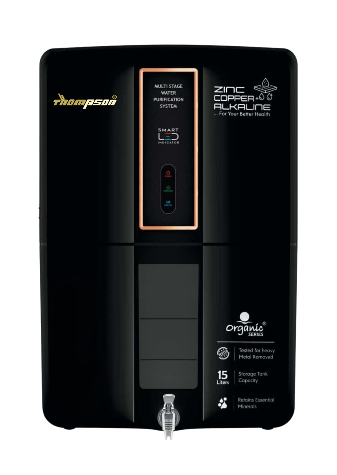 Thompson Delta Multi Stage Water Purification System with RO+UV+UF, Zinc Copper Alkaline, Smart LED Indicator, 15 Litres Storage Tank, Black-image-49