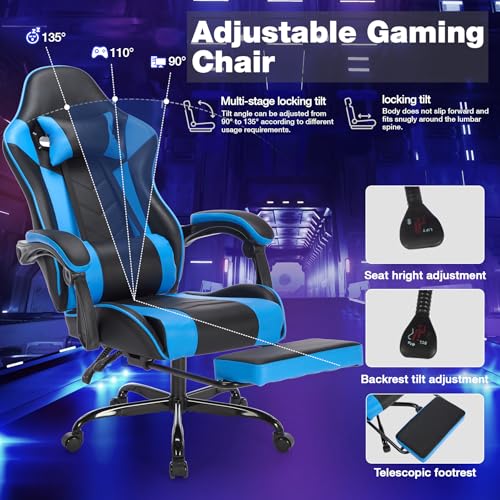 Image of Blue Gaming Chair with Headrest and Lumbar Support, High Back Computer Office Desk Chair with Footrest, 360 Swivel Height Adjustable Recliner Game Chair