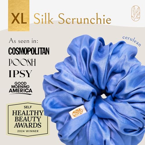 Image of Silk Scrunchies for Women Ponytail Holders - Oversized Mulberry Silk Scrunchies - Extra Large No Damage Hair Ties for Curly, Thick, and Thin - Hair Accessories for Women - Cerulean, XL By Curlfriend