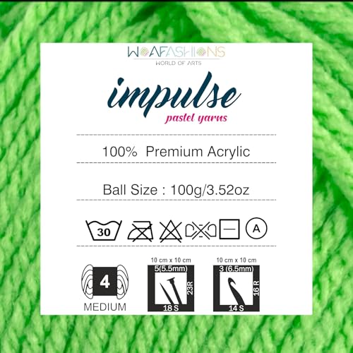 Image of WOAFashions Impulse Hand Knitting & Crochet Yarn, Premium Acrylic, 4 : Medium (Lime) (100gms / 3.5oz / 200mtr / 218yds)