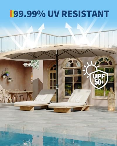 Large Patio Umbrella with Base Included, Double-Sided Rectangle Market Umbrella with Cross Base and Sandbag for Pool Lawn Garden (Tan, 15FT)