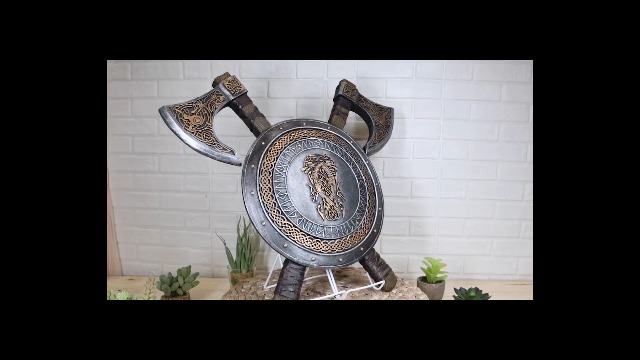 Norse Viking Warrior Shield Wall Plaque With Crossed Axes - 21" Resin Decor, Hand Painted 4 thumbnail image