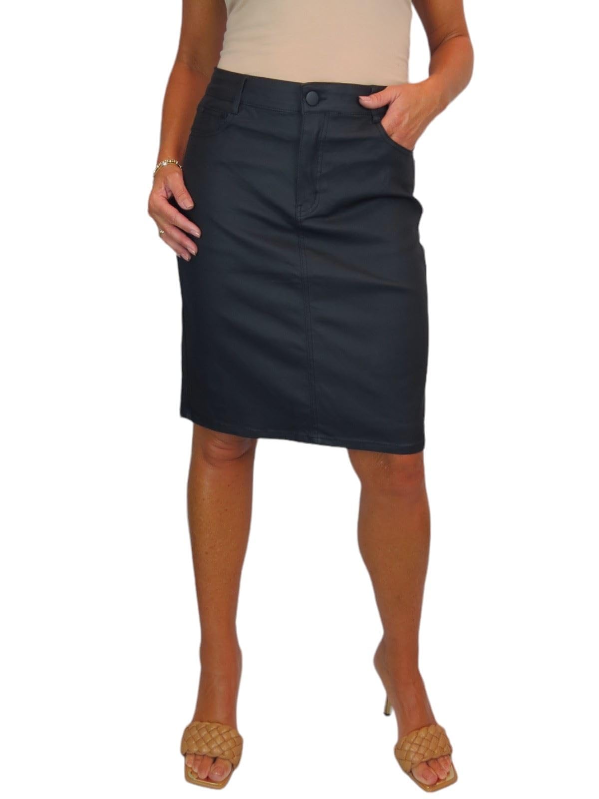 Paulo Due Women's Matte Black Coated Leather Look Skirt Knee Length (22)