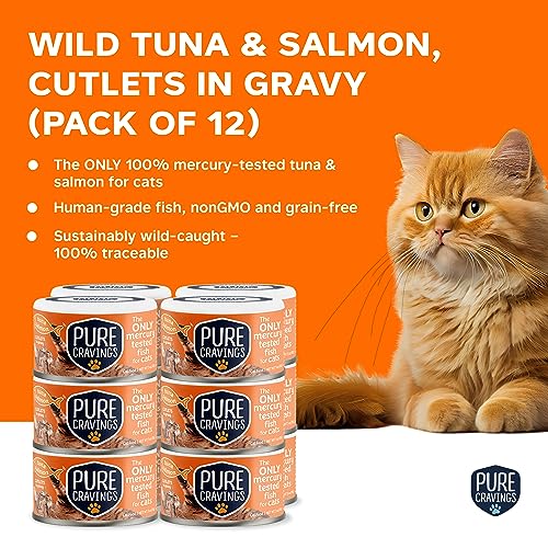 Image of Pure Cravings Wet Cat Food Canned Tuna and Salmon Cutlets in Gravy, 100% Mercury-Tested, Moist Can Fish for Cats, Grain-Free, Protein, Non-GMO, Pack of 12