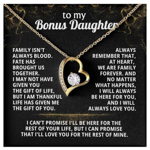 Momavo Jewelry TO MY BONUS DAUGHTER From Dad Gift from Dad Christmas Necklace for bonus daughter Birthday Step daughter Adult FAMILY FOREVER (Standard Box 18k Yellow Gold Finish)