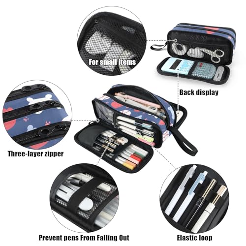 Image of Fustylead Cute Paw Prints Bones Hearts and Baseballs Large Pencil Bag Storage Pen Case Makeup Pouch Stationery Bag for School College Office Organizer