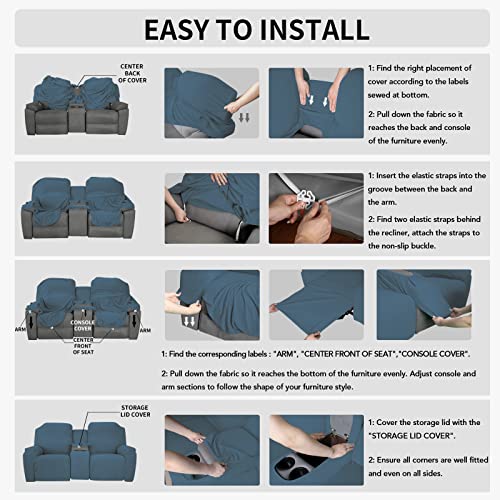 Image of Easy-Going 1 Piece Reclining Loveseat with Middle Console Slipcover | Stretch 2 Seater Loveseat Recliner Cover with Holder and Storage, Recliner Couch Sofa Cover, Furniture Protector Bluestone