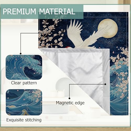 Image of Dishwasher Magnets Decorative Cover,Japanese Crane Refrigerator Magnet Cover,Washable Blue Sea Wave Pink Flowers Dishwasher Front Panel Cover Home Kitchen Decoration 23x26 Inch