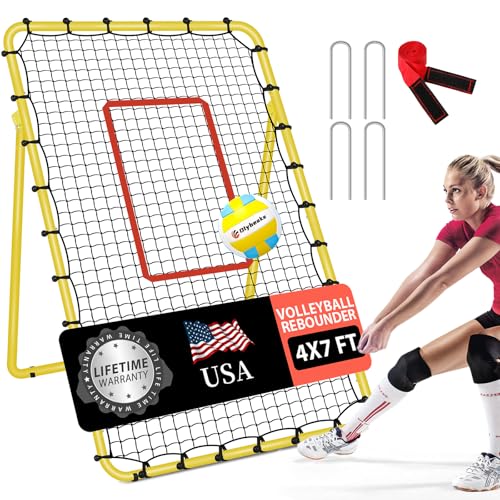 Adjustable Volleyball Rebounder Net 7x4 ft with PU Volleyball and Stakes - Bounce Back Training Equipment for Practicing Volleying, Bumping, Spiking, Easy Set Up & Steady for Multi Sports (Yellow)