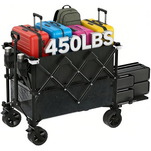 Carro plegable de doble piso, capacidad de 550 libras, 400 L, carrito resistente para acampar y deportes, ruedas grandes todo terreno para camping, deportes, jardín, compras