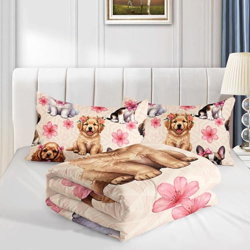Image of AILONEN Cute Dog Printed Comforter Set Full Size for Girls - Kawaii Puppy Animal Pattern Quilt & 2 Pillowcases - Soft Breathable Pink Floral Bedding Set 3Pcs