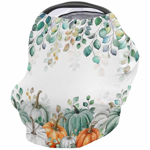 Nursing Cover for Breastfeeding Scarf, Green Eucalyptus Leaves White Pumpkins Fall Baby Car Covers Super Soft Multi Use for Canopy Shopping Cart Cover Blanket Stroller Cover