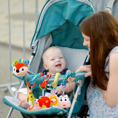 Image of Baby Car Seat Toys, Infants Spiral Fox Plush Toys for Babies 0-6 Months | Hanging Stroller Toy for Infant Boys and Girls 0 3 6 12 Months Newborn Sensory Gift Toy with Rattles Squeaker Music Teether