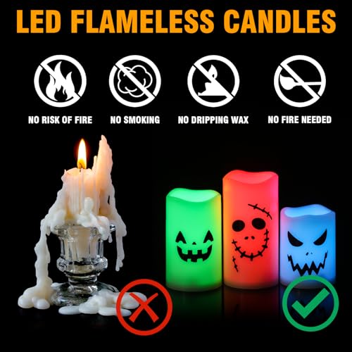 Image of Halloween Decorations Flameless Candles with Remote Timer, Battery Operated LED 12 Color Changing Candles Flickering Set of 3, Waterproof LED Pillar Candles Plastic for Halloween Decor